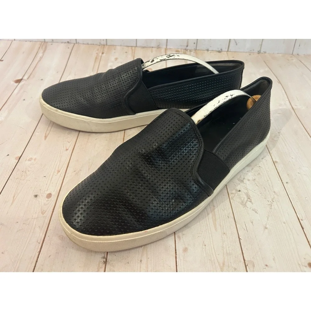 Vince Womens Blair Slip On Sneaker Perforated Black Leather Casual Loafers 9.5 M